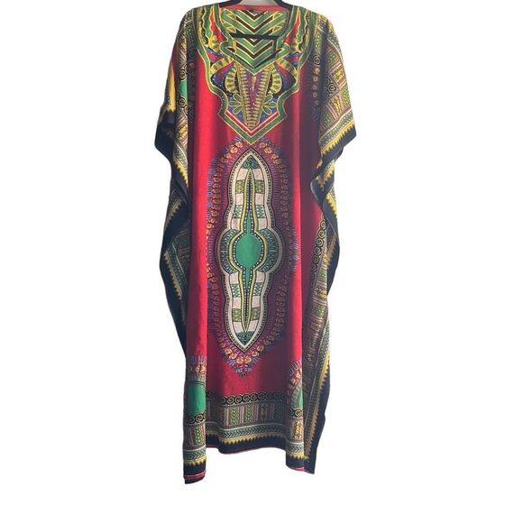 NF Free Size Kaftan Mumu Maxi Dress Red Green Tribal Print Bedazzled One Size - Picture 1 of 9
